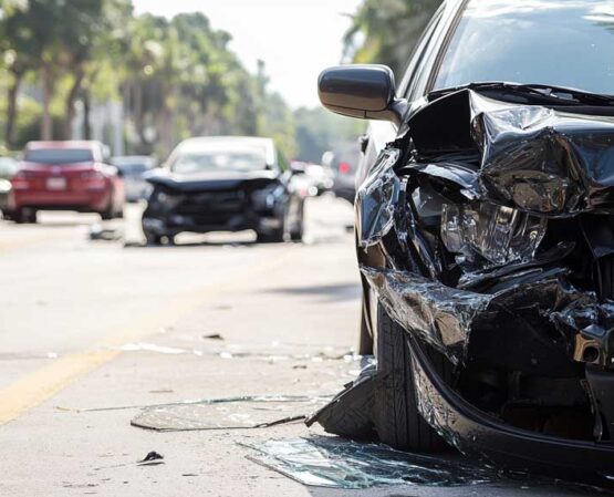 Black car with front-end damage after a collision on a busy street in Tallahassee.